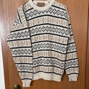 Eddie Bauer Cream, Black & Brown Patterned Crewneck Sweater